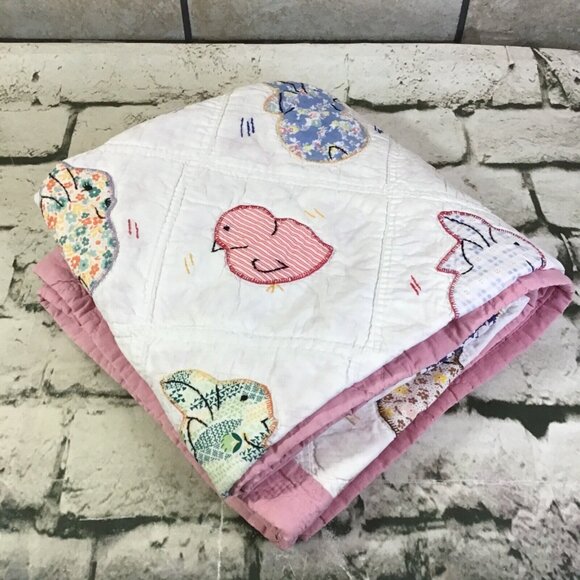 Handmade Quilt Pink Nursery Ducks Bunny Rabbit Print 42” x 42” Square - Picture 2 of 10